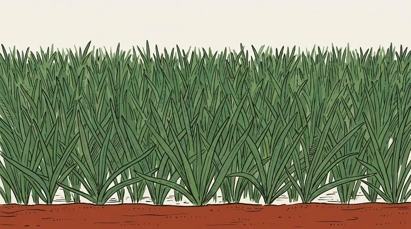 An illustrated band of turf grass transitioning to red Georgia clay, a generated mood graphic and not a photograph of an actual yard.